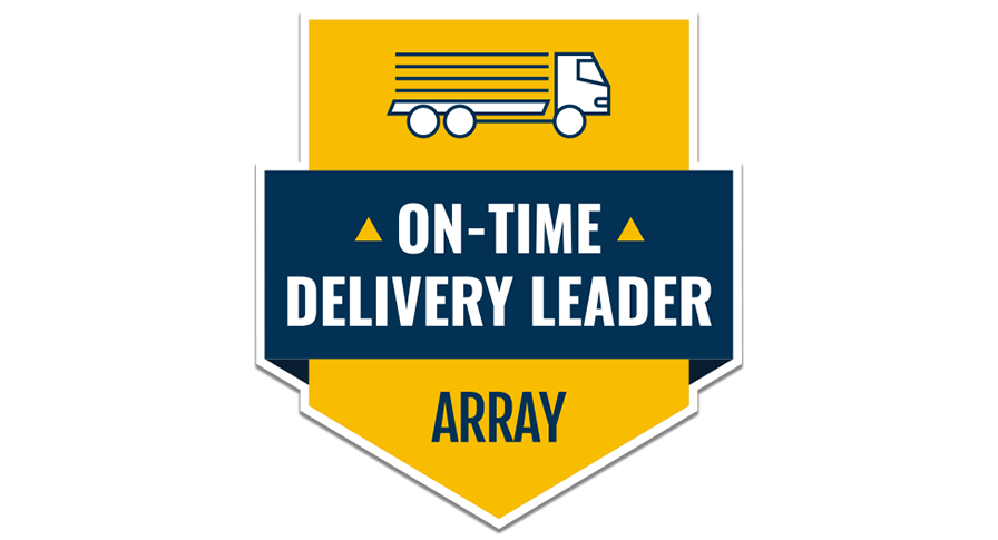 An Array branded badge saying on time delivery leader