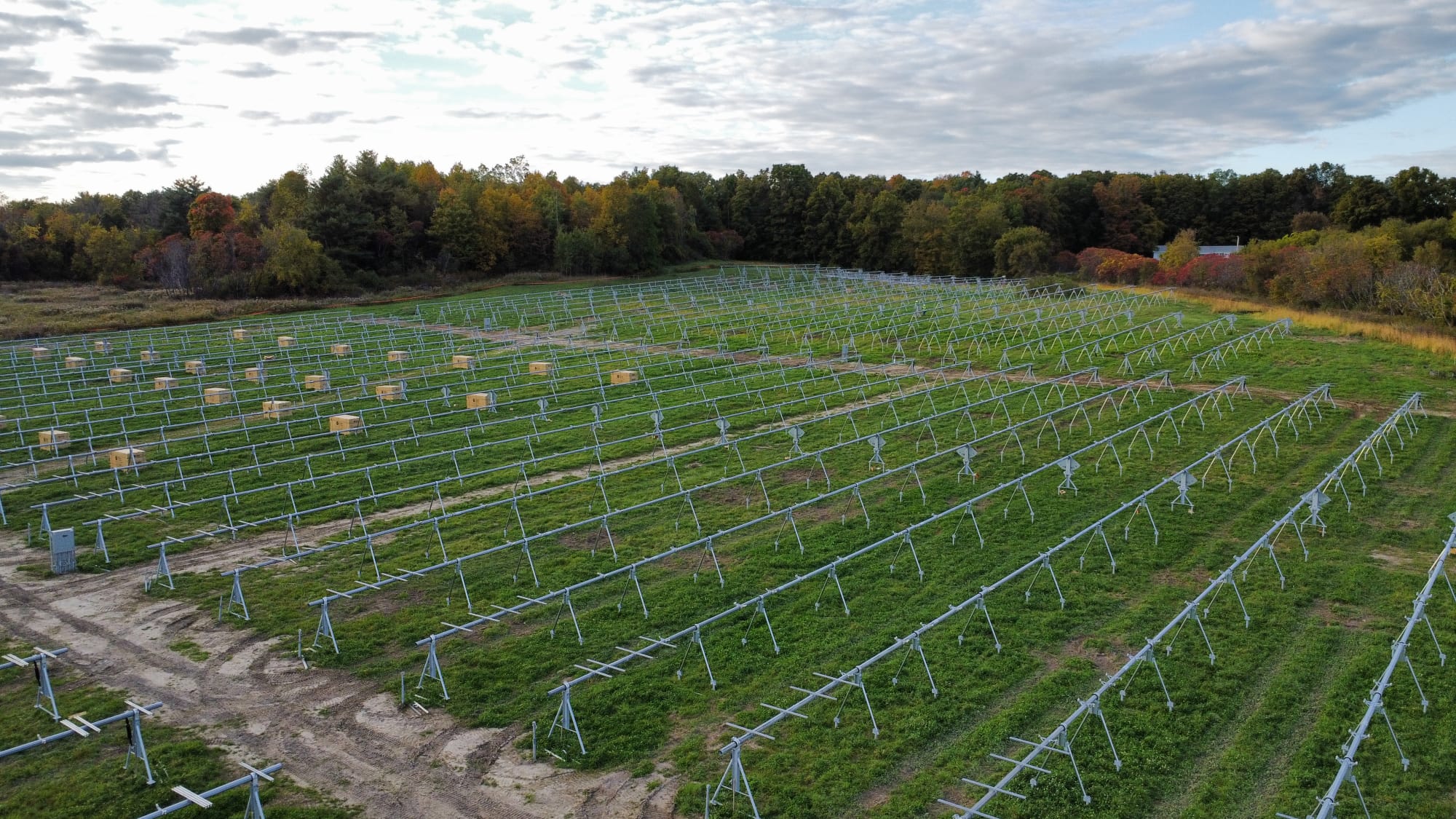Drone photo of a solar project using APA foundations and ARRAY solar trackers.